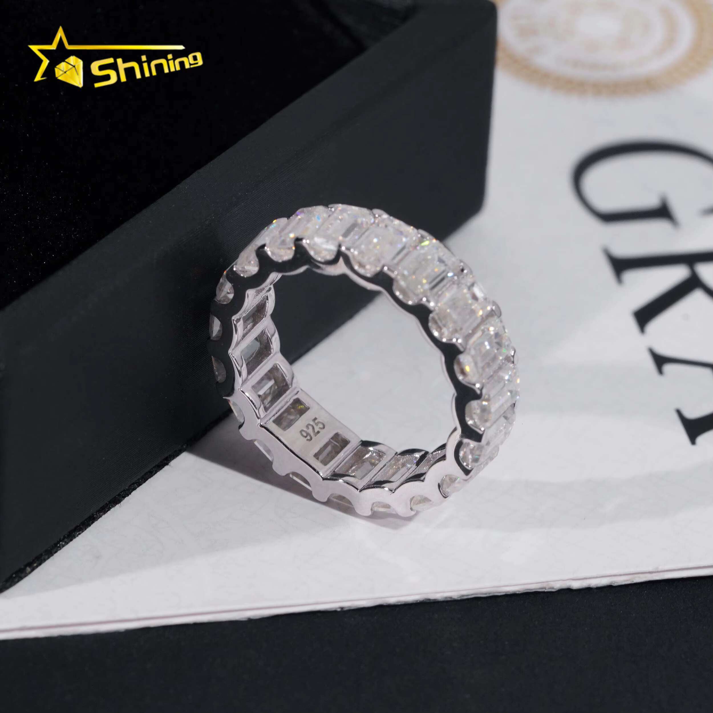 Dia Emerald Cut Eternity Band Sterling Sier Wedding Moissanite Ring