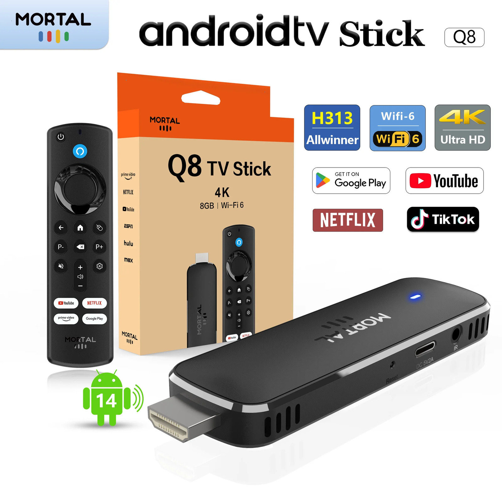 Global Version Android14 TV Stick Home Theater Allwinner H313 Mortal Q8 Support 4K60fps Wifi6 Bluetooth Voice Remote Live TV 251114