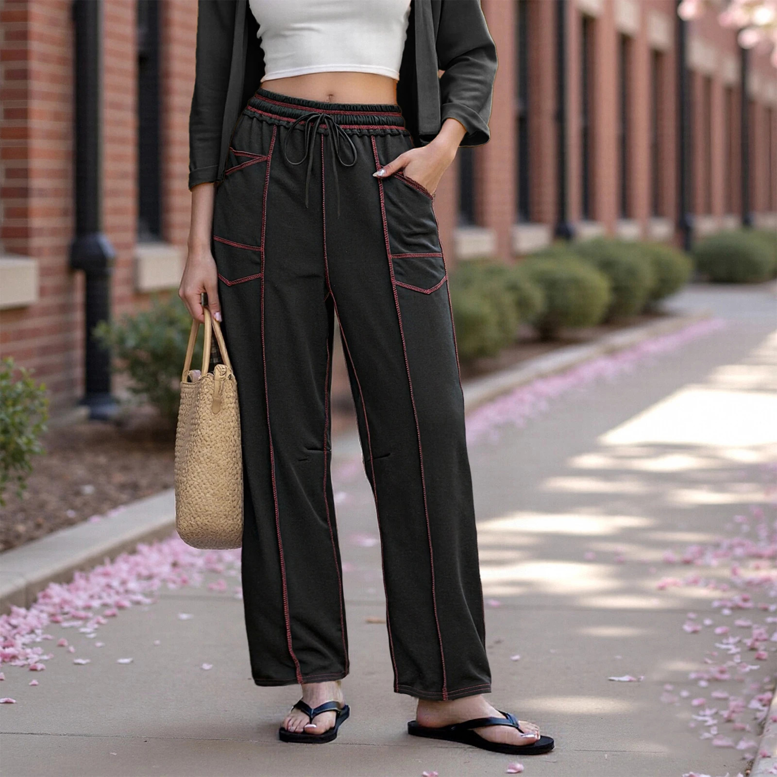 Womens Baggy Pants Fashion y2k Spring Summer Sweatpants Barrel Pants Drawstring Contrast Color Loose Wide Leg Trousers 251113BJ - view 3
