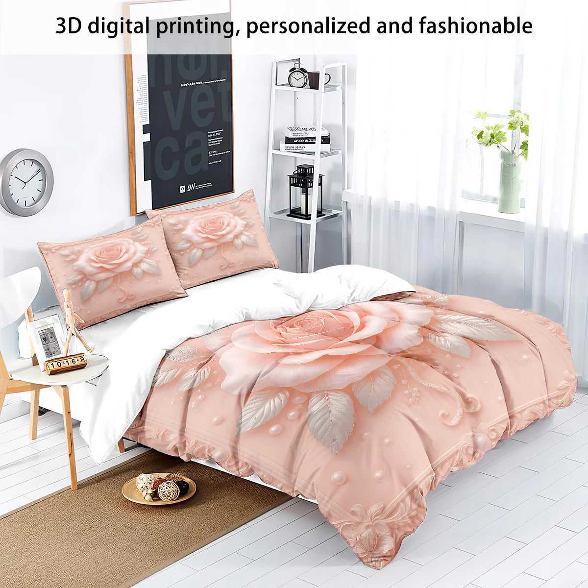 3pc Imitation 3D Pink Rose Print Coreless Bedding Set Soft and Comfortable Bedroom Dormitory Multiple Sizes Machine WashableM251118
