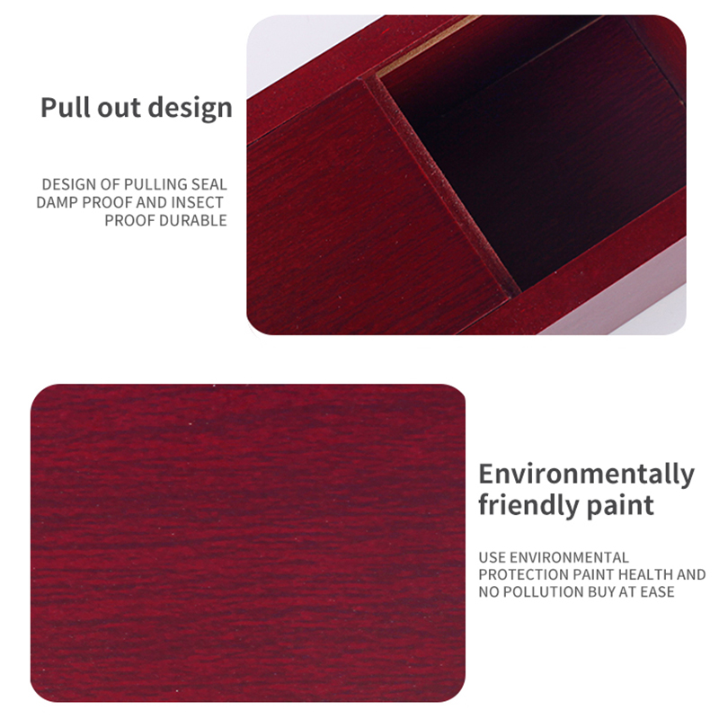 An eco-friendly red solid wooden pet caskets with a removable drawer feature. It is a pet coffin and urn made of sturdy solid wood material Suitable f