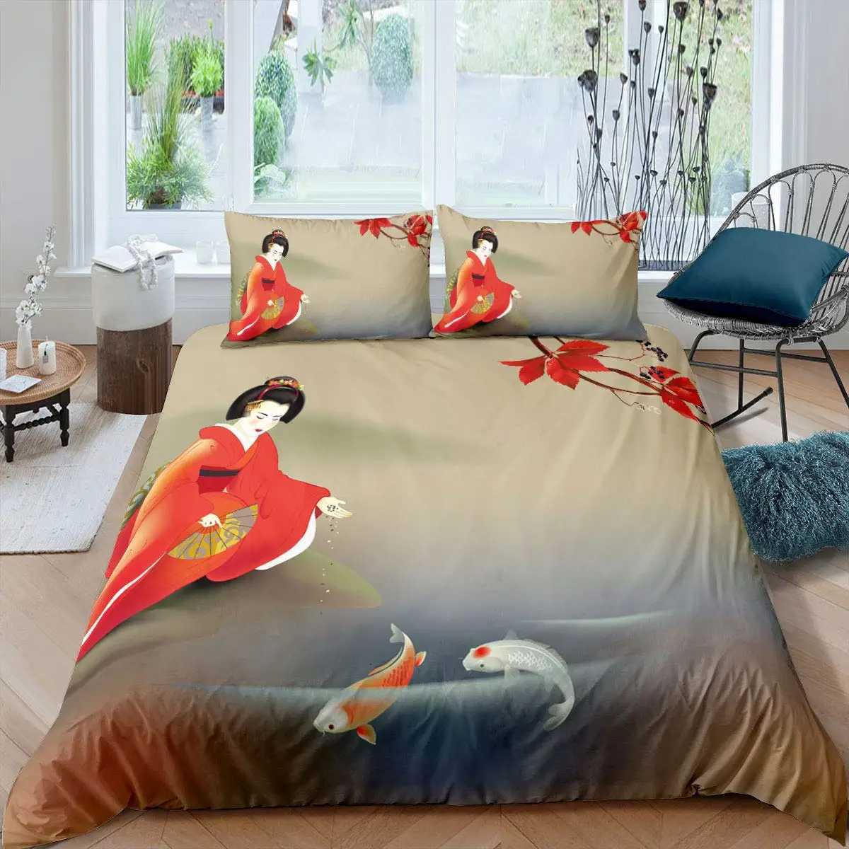 Koi Fish Duvet Cover Set King Queen Size Lucky Fish Flowers Colourful 3D Print Comforter Cover For Kids Polyester Bedding SetM251118
