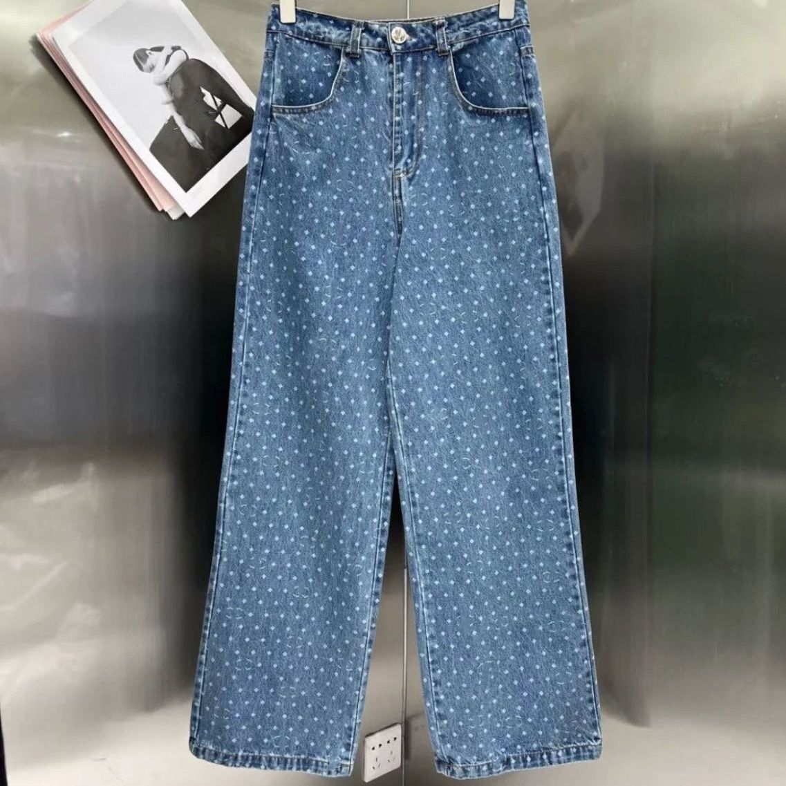 Women's high waist loose palazzo wide leg designer logo letter dotted print denim jeans long pants SMLXL