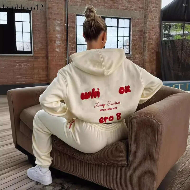 white foxness Hoodie Sweatpants Set Spring Fleece Tracksuit with Graphic Print, Loose Fit Hooded Two-Piece Sweatsuit for Men and Women White Foxliness hoodie cf3