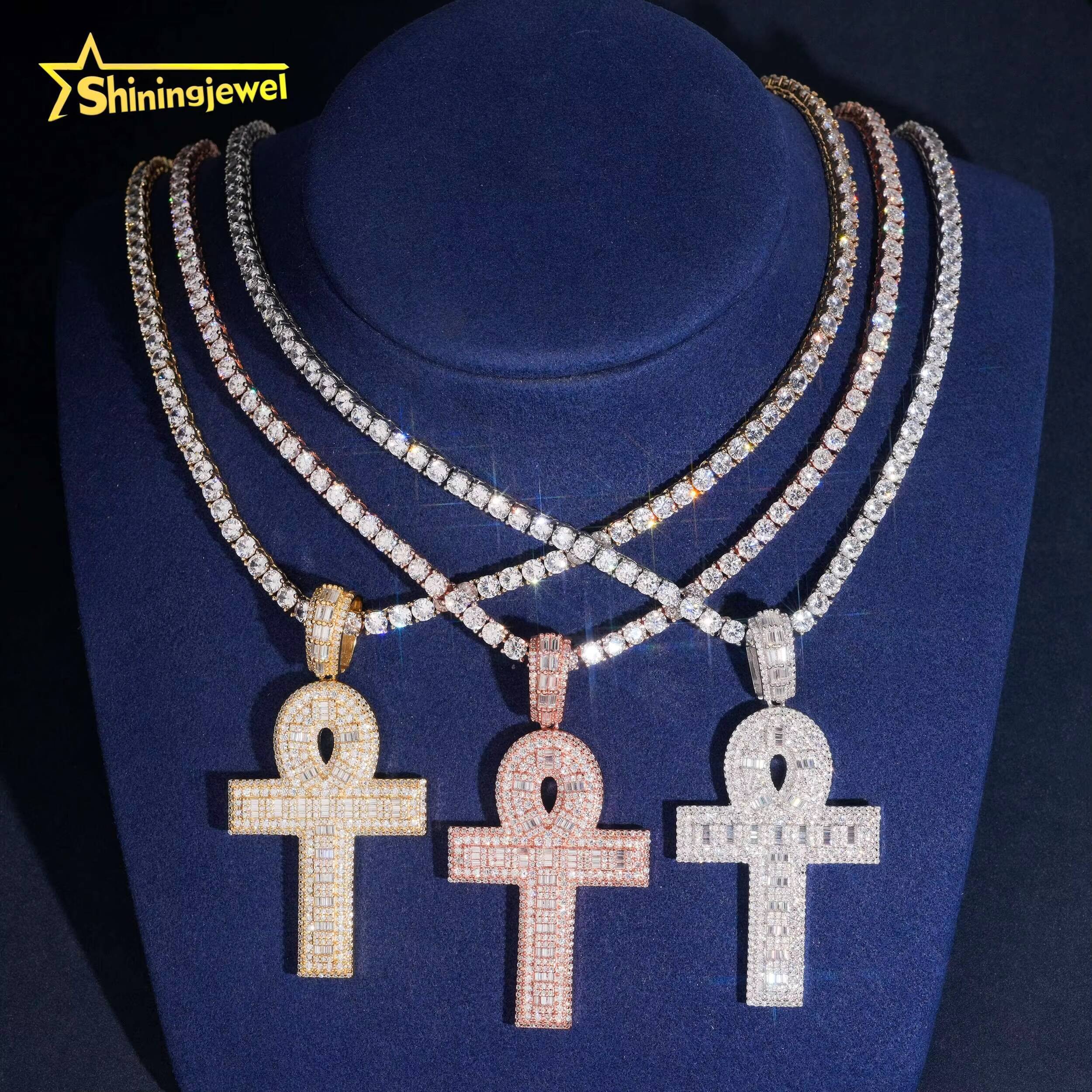 Hip Hop Iced Out 925 Sterling Silver Gold Plated Charm Pendant Pass Diamond Test Baguette Moissanite Cross Pendant 2025