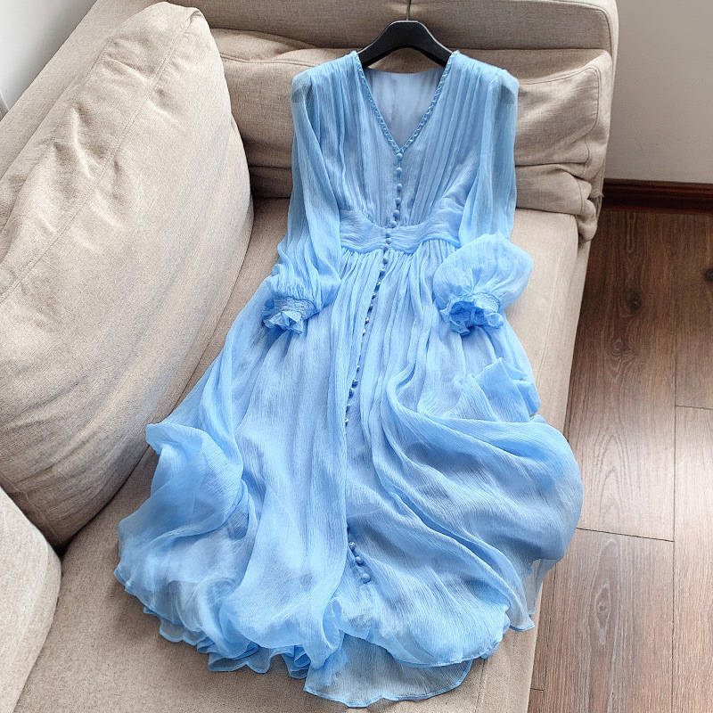 DD9280 Women's 2025 Spring and Summer New Mulberry Silk Beaded V-neck Long Skirt Fairy Dress