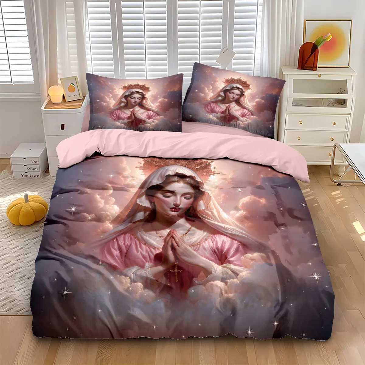 3pcs Virgin Mary Pink Printed Core Free Bedding Set Soft and Comfortable Dormitory Bedroom Multiple Sizes Machine WashableM251118