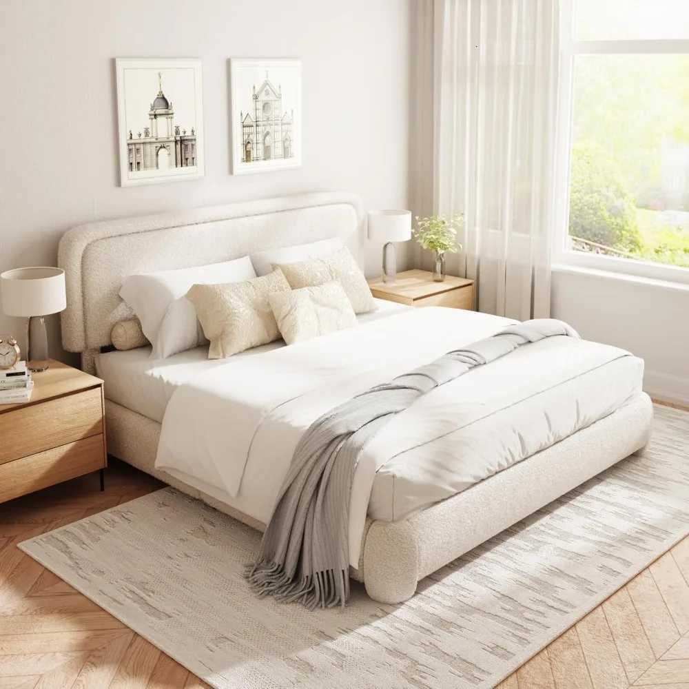 King Size Boucle Bed Frame Cloud Upholstered Platform Bed with Height Adjustable Headboard Soft Rounded CornersM251118
