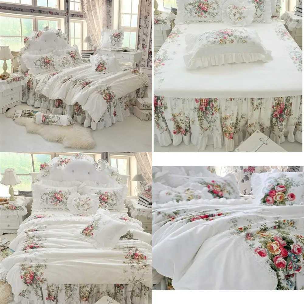 Vintage Rose Floral White Duvet Cover Set with Bed Skirt and Ruffle for Full-Size Beds Chic Shabby Style Cotton Bedding for GirM251118