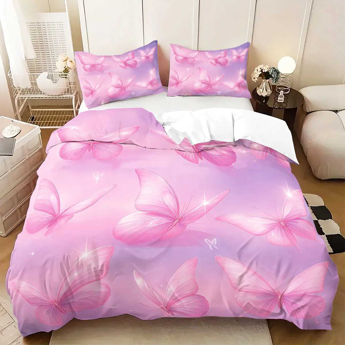 3pcs pink butterfly patterned duvet cover set 1 duvet cover2 cases coreless Soft and comfortable bedding setM251118