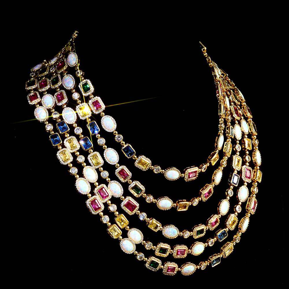 NUOYA Colored CZ Diamond Cross Link Chain Necklace Gold Plated Colorful Opal Link Chain Hip Hop Fine Jewelry for Men Women Gift