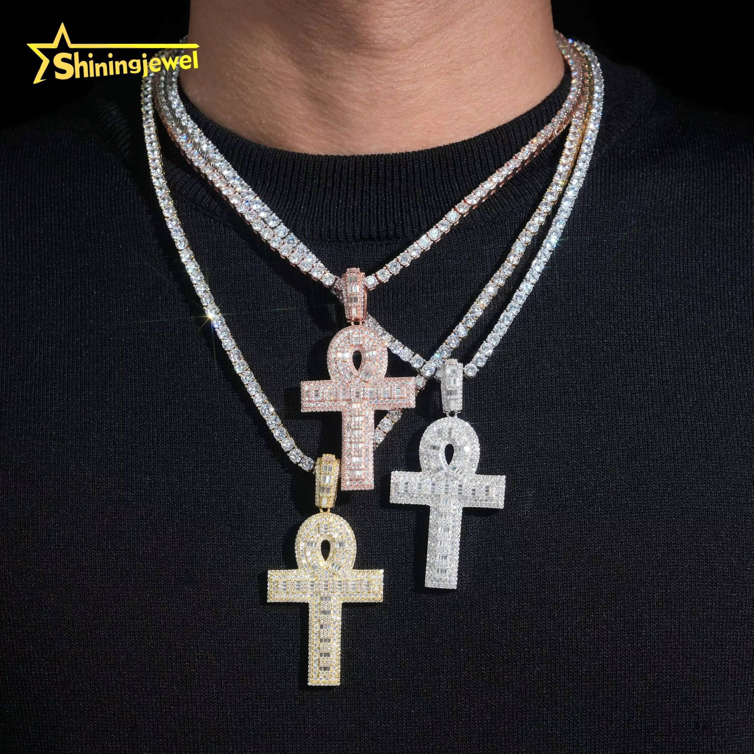 Hip Hop Iced Out 925 Sterling Silver Gold Plated Charm Pendant Pass Diamond Test Baguette Moissanite Cross Pendant 2025