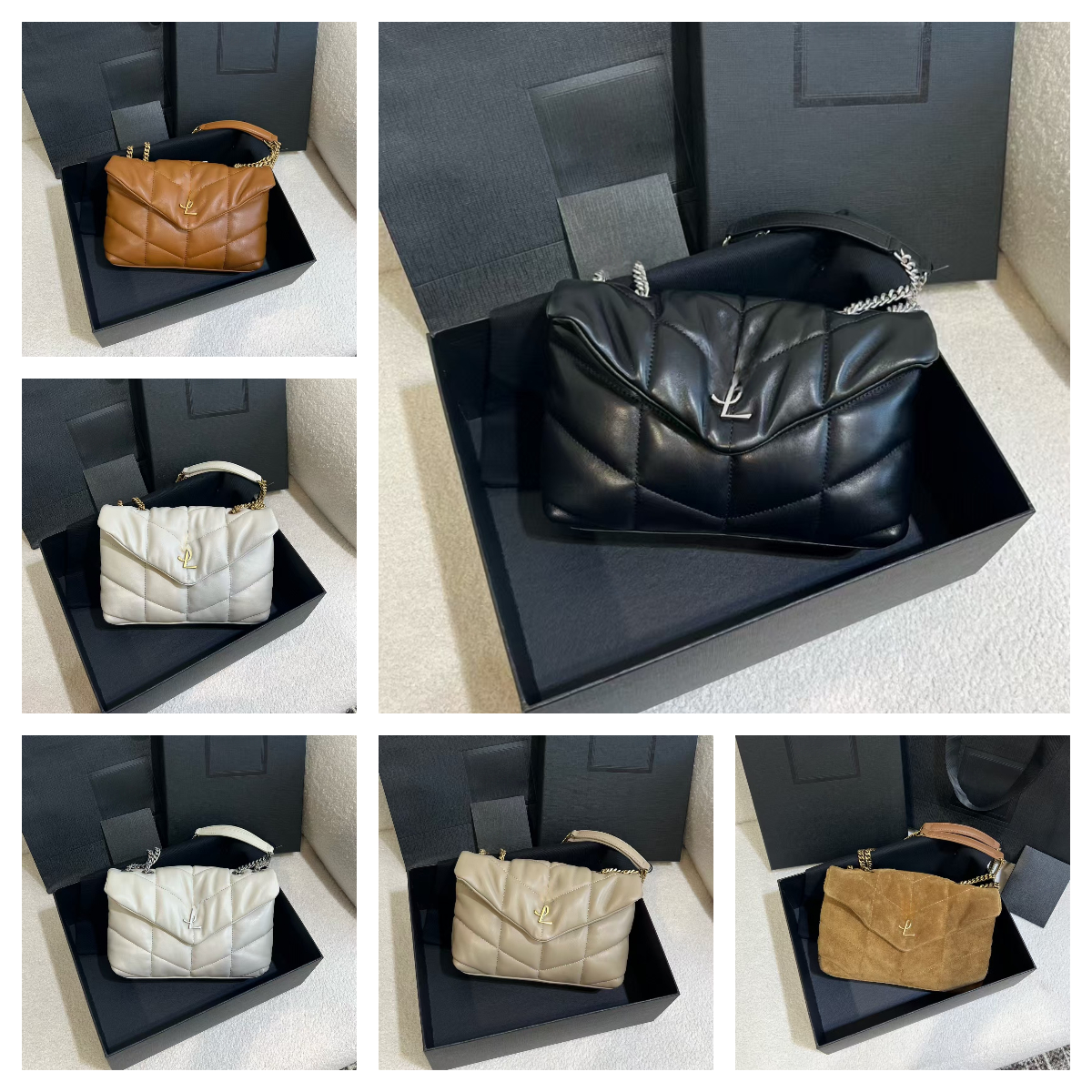 Bronze-tone metal letter logo magnetic closure design, quilted sheep leather cloud bag, crossbody shoulder bag, small size, women's, black.