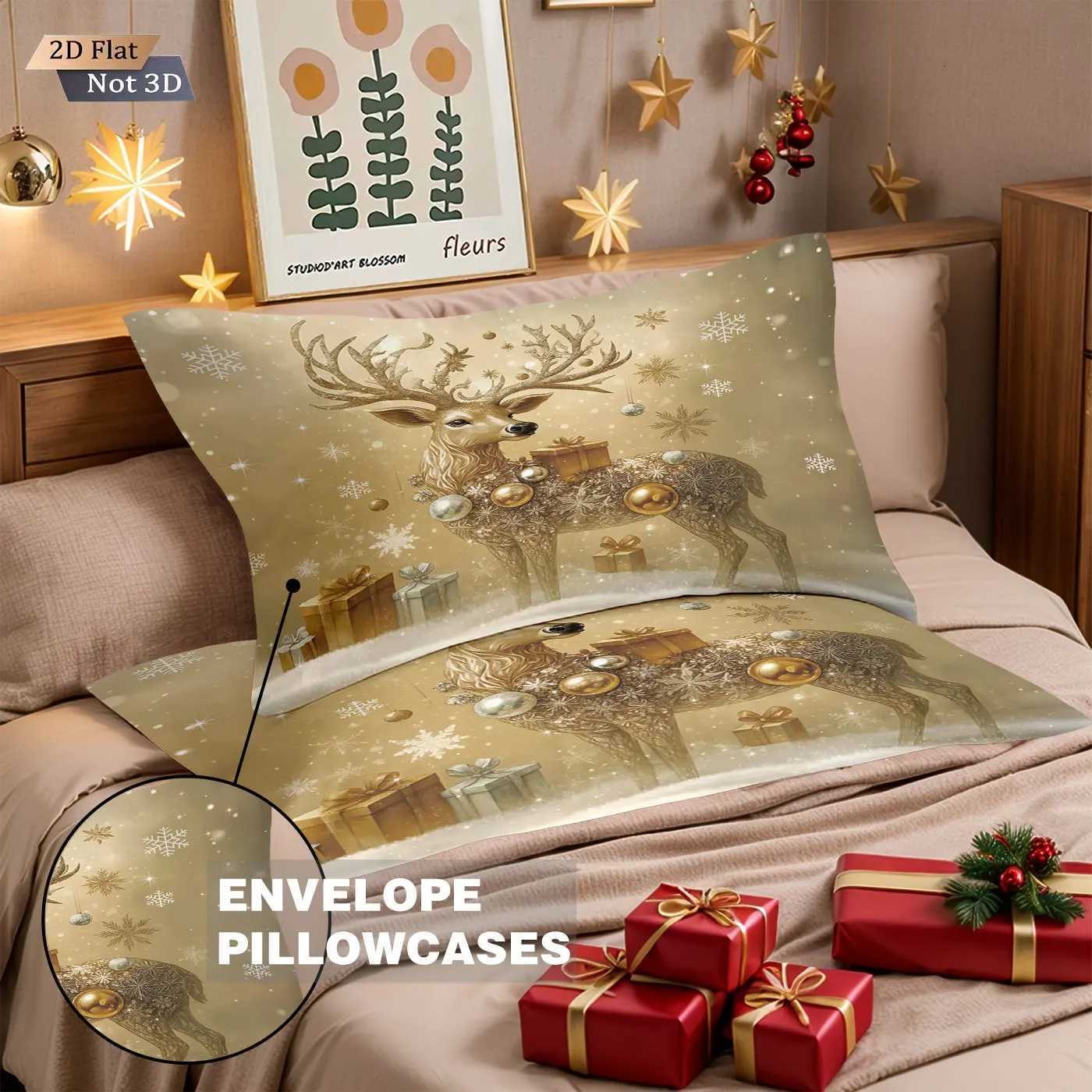 3pcs Christmas gold deer print coreless duvet set multi size bedroom bedding holiday decoration soft machine washableM251118