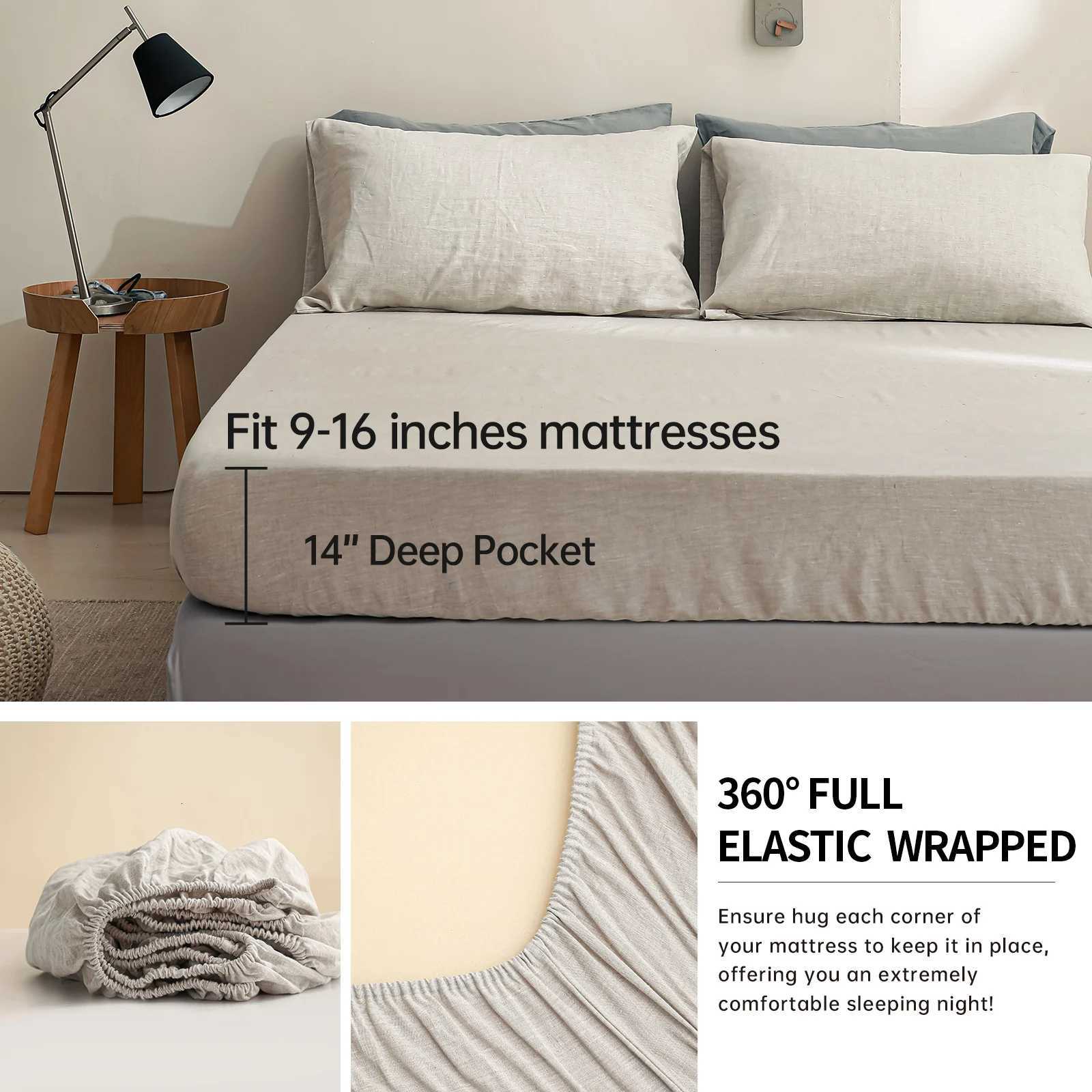 SimpleOpulence 3/4 Pcs 100 Bed Linen Sheet Set Basic Style Washed Natural French Flax Soft Breathable Comforter Sheets SetsM251118
