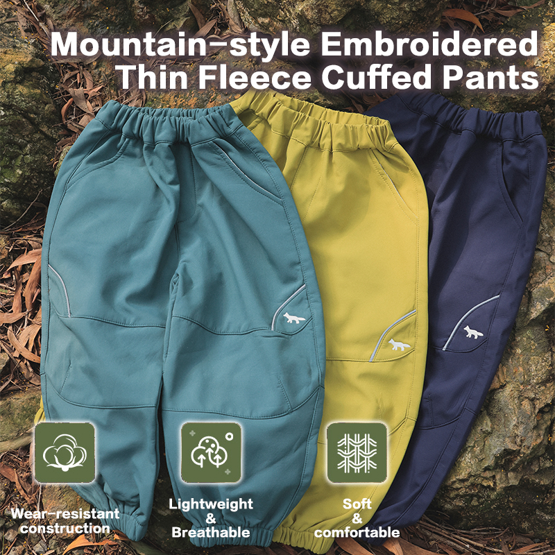 Children's Embroidered Thin Fleece Cuffed Pants, Mountain-Style Water-Repellent Thermal Trousers, Comfortable Hiking & Casual Wear for Kids 25AG3