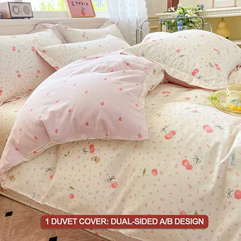 Cherry Printed Duvet Cover Set 100 Cotton Bedding Set 1 Duvet Cover 2 casesBreathable Ultra-Soft Machine WashableM251118