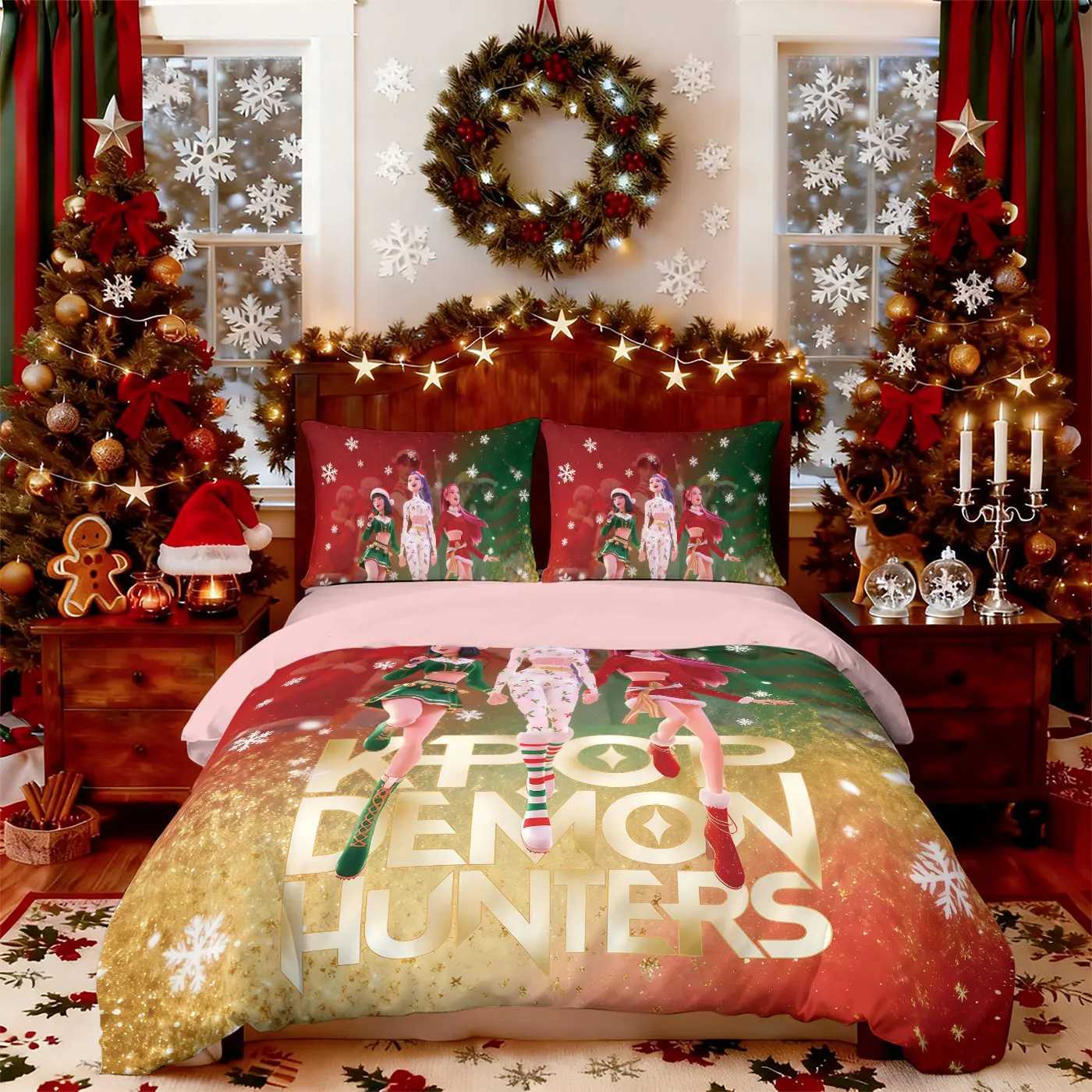 3pcs Christmas K-Pop Demon Hunters Printed Chipless Bedding Set Soft and Comfortable Dormitory Bedroom Multiple Sizes Machine WaM251118