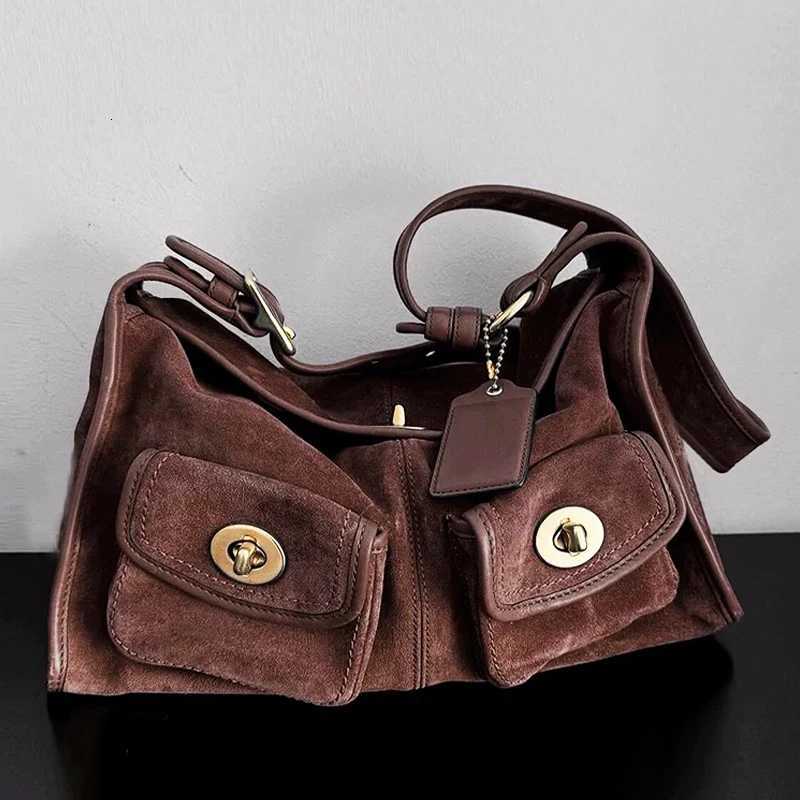 Vintage Faux Suede Bags For Women Luxury Designer Handbag Purses 2025 New In Lock Multiple Pockets Wide Straps Underarm Shoulder H251118