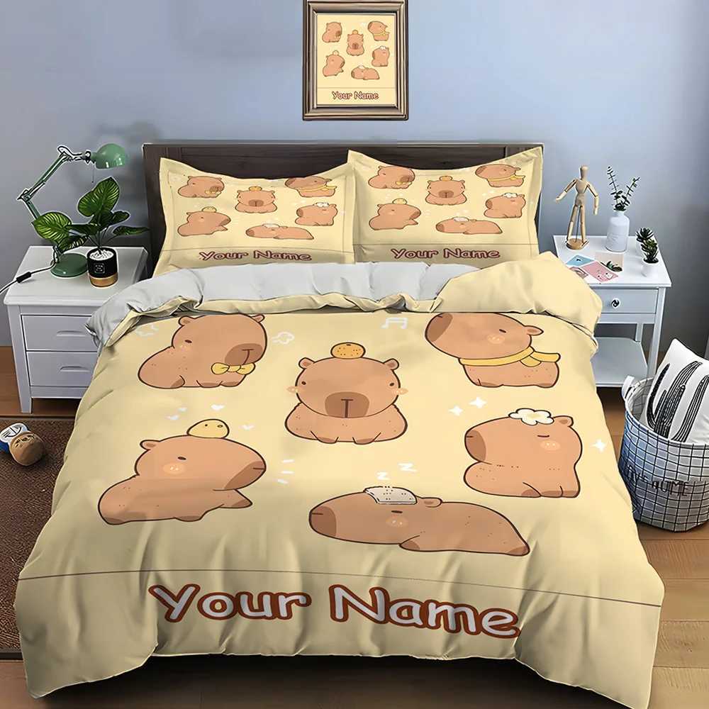 Personalization Custom Name Quilt Cover Cartoon Capybara Print 3 Pieces Setting Bed King Size case Bedroom Bed Set GiftsM251118