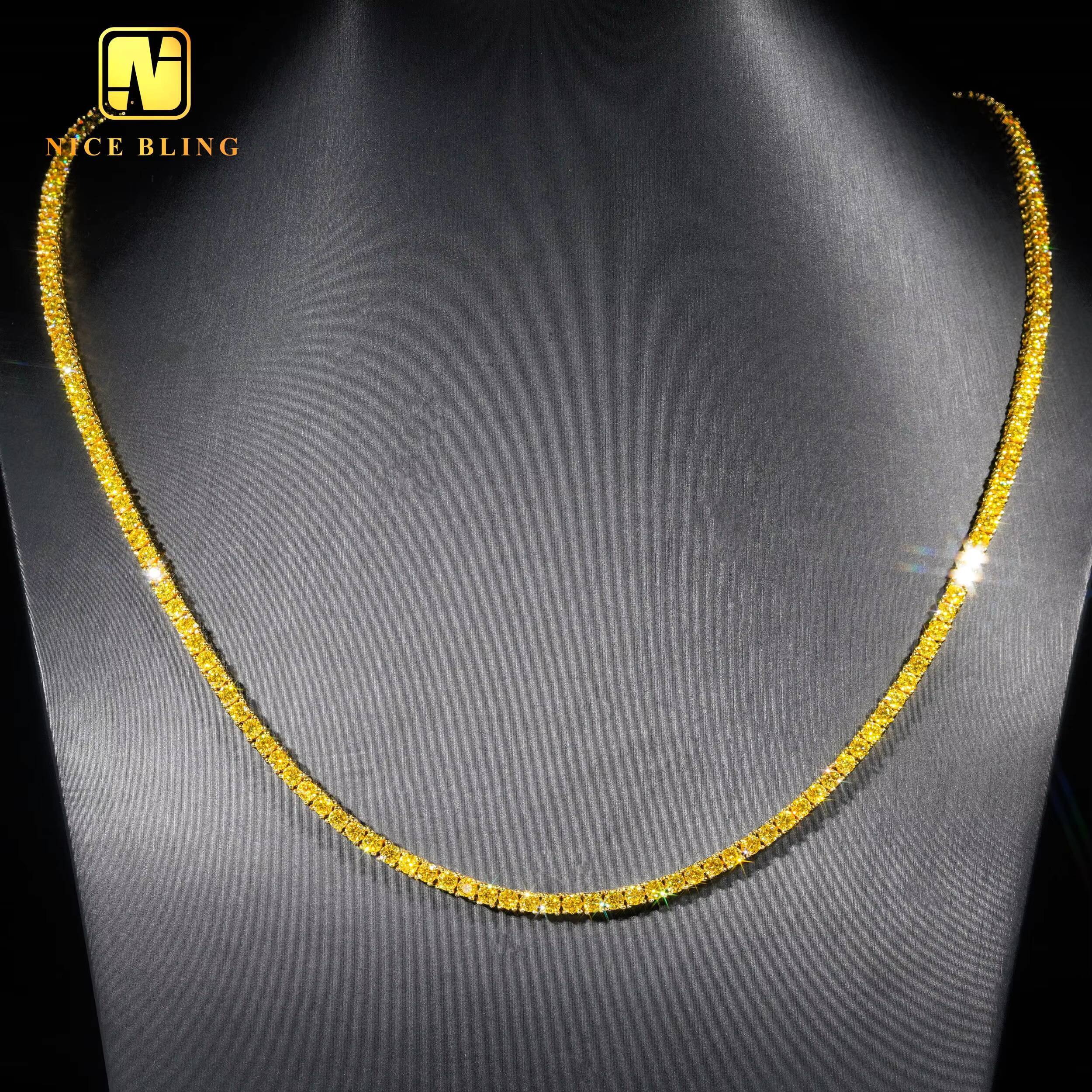 Fashion Hip Hop Tennis Chains 925 Sterling Silver Jewelry 3mm 4mm Gold Color Moissanite Tennis Necklace Braceletts for Men Women