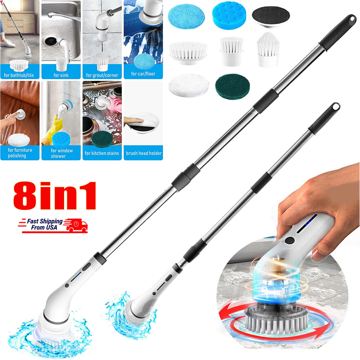 Electric Spin Scrubber, Cordless Bath Tub Power Scrubber 8in1, Deep Cleaning, Shower Cleaning Brush Household Tools for Bathroom & Tile Floor