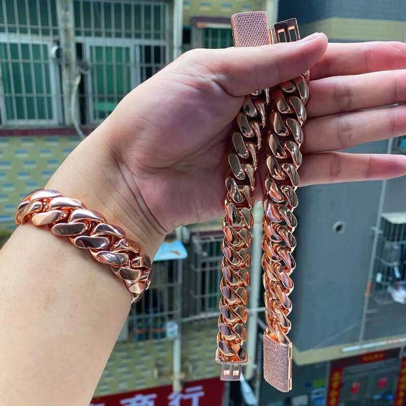 Rose Gold Necklace Heavy Solid sterling silver Miami Cuban Chain Bracelet for Men and Women Cadena De Oro Rosa
