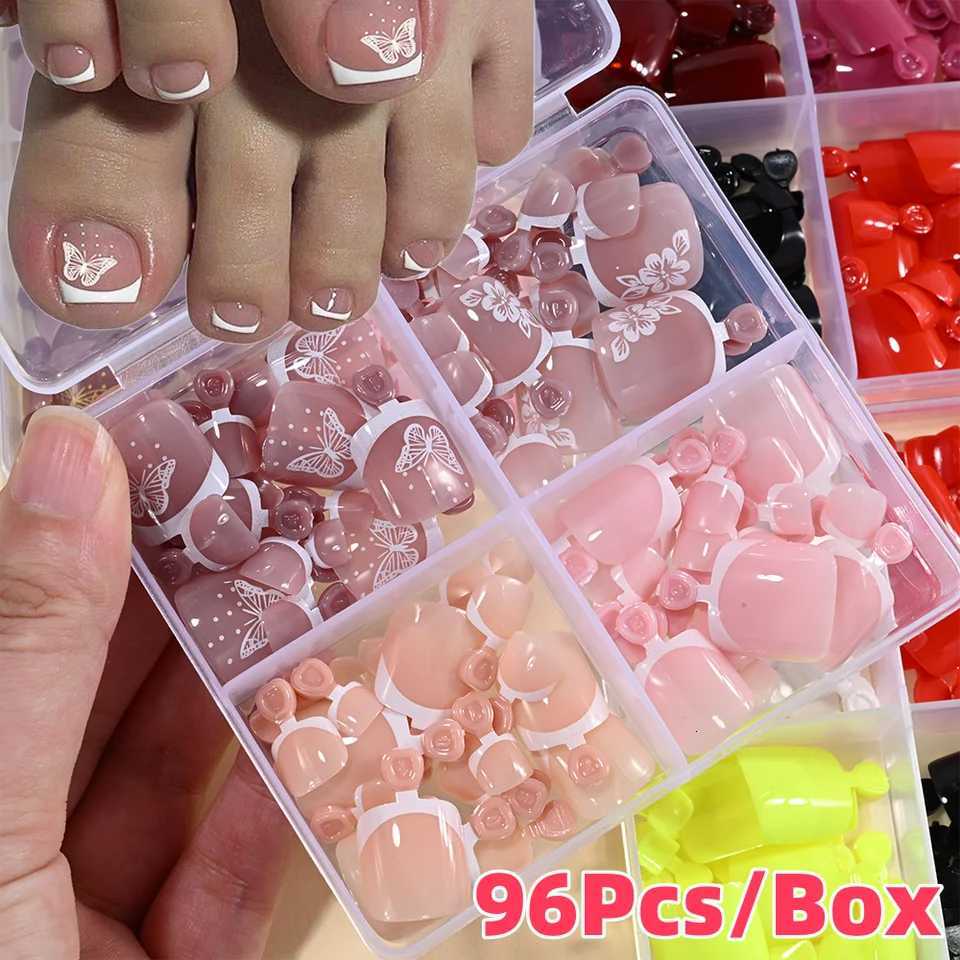 96Pcs/Box French Fake Toenails Butterfly/Flower Design Short Square Press On Toenail Glossy Full Cover False Toe Nail ExtensionT251118T251119