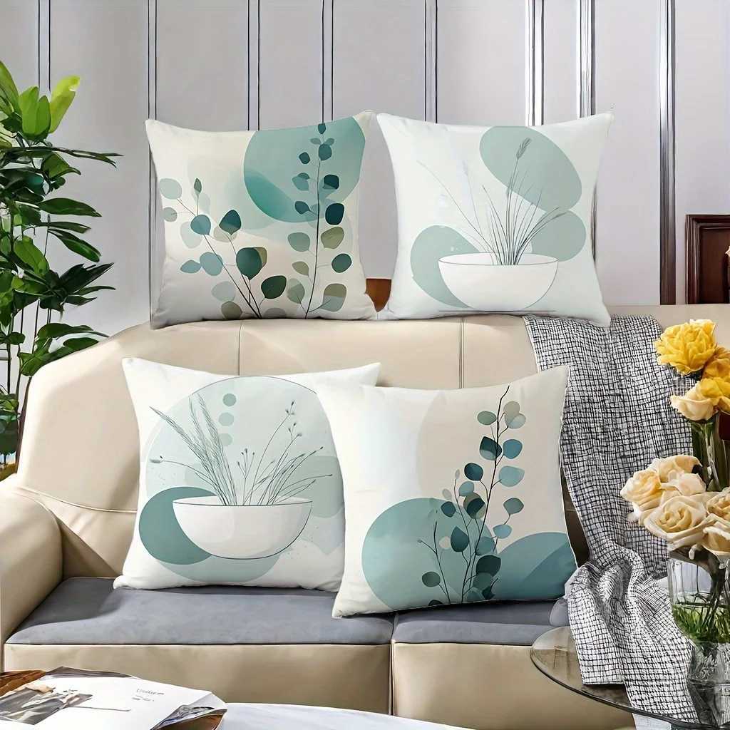 4pcs Bohemian Abstract Pattern Throw Covers Modern Cyan and White Design Comfortable and Fashionable Machine WashableM251119