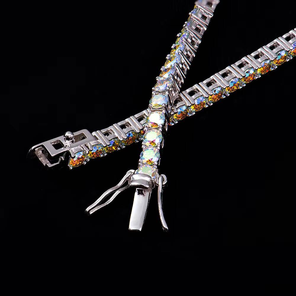 Colorful Moissanite Tennis Bracelet 3mm Rainbow Color 925 Sterling Silver Tennis Chain White Gold Plated with GRA Cert