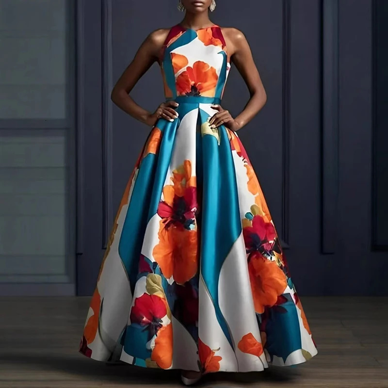 Vestidos sexy sleeveless hem dress evening womens floral print high waisted long springsummer Oneck bohemian 250418