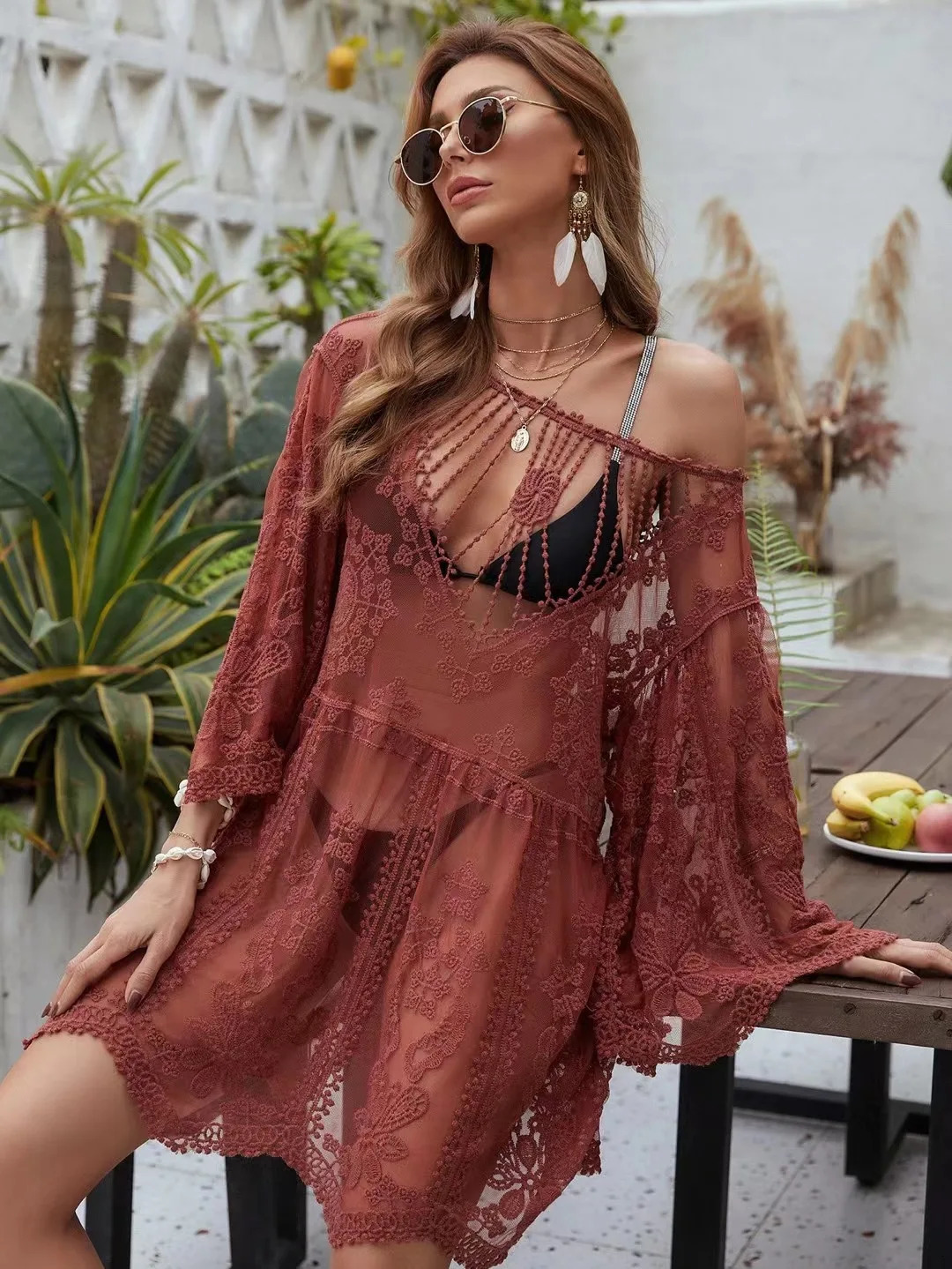 2024 See Through Beach Covered Lace Bikini Womens Summer Vneck Swimsuit Kimono Solid Sunscreen Loose Biquini 250415Z