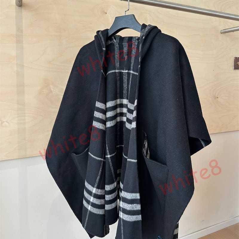 Designer Scarves 100% Wool Black Plaid Cloak Shawl Double-Sided Wool Hooded Coat