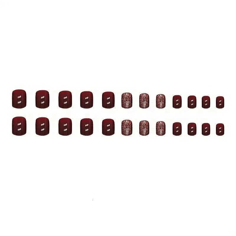 24pcs Glossy Short Square Fake Nails Solid Wine Red Press On Nails Sparkling False Nails For Women Girls Daily Party WearT251118T251119