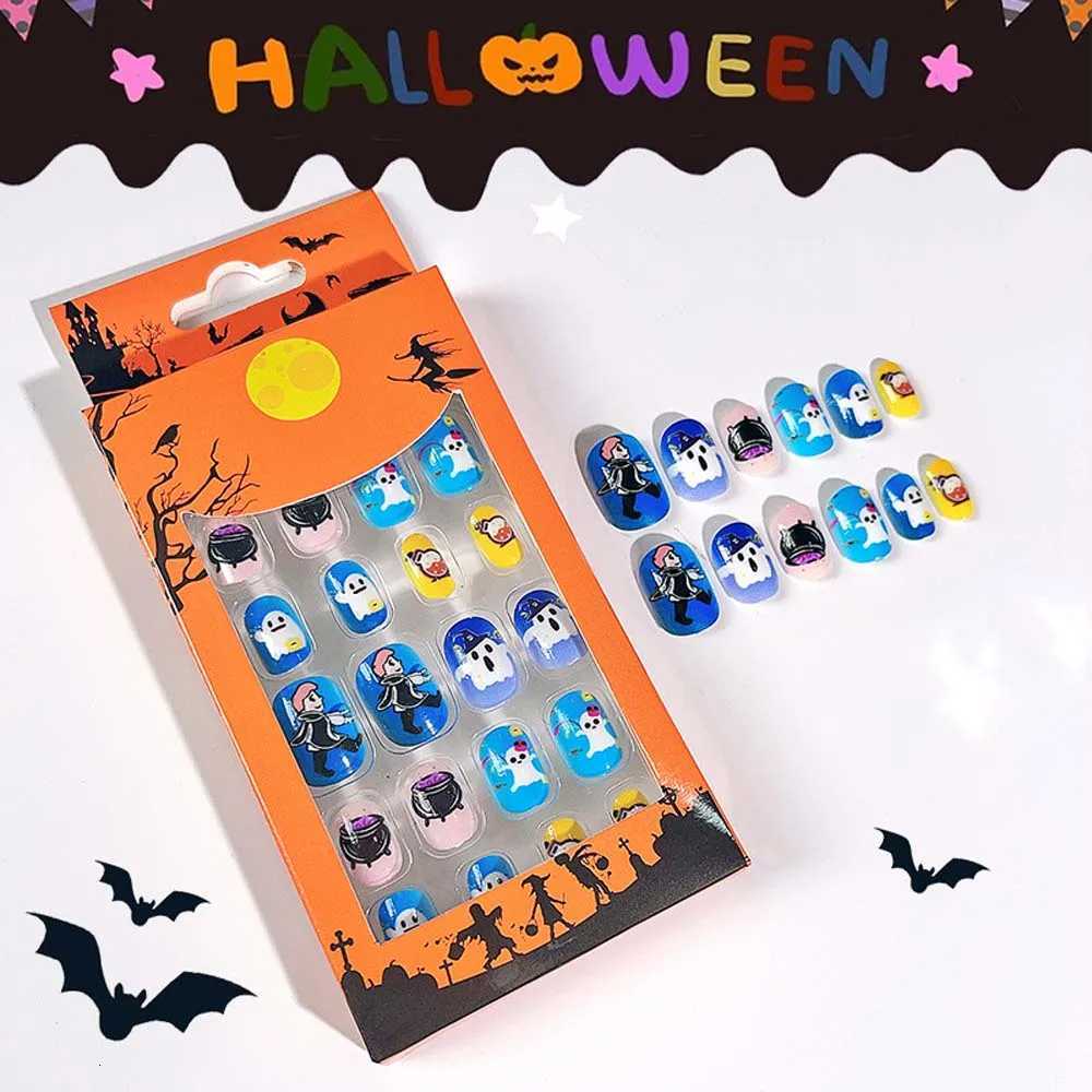 24Pcs/set Bat Spider Web Children Halloween False Nails Pumpkin Ghost Kids Cartoon Fake Nails Nail Supplies with Jelly GelT251118T251119