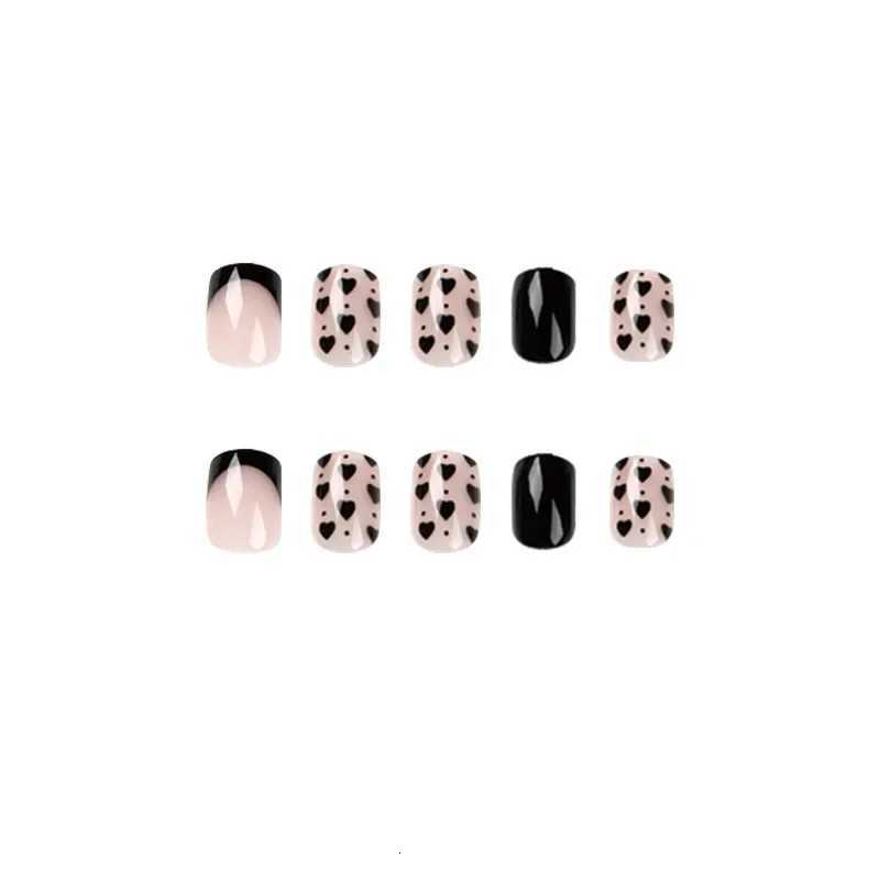 Black French Cute Love Heart Wearable Nail Art Glossy Short Fake Nails Detachable Finished False Nails Press on Nails with GlueT251118T251119