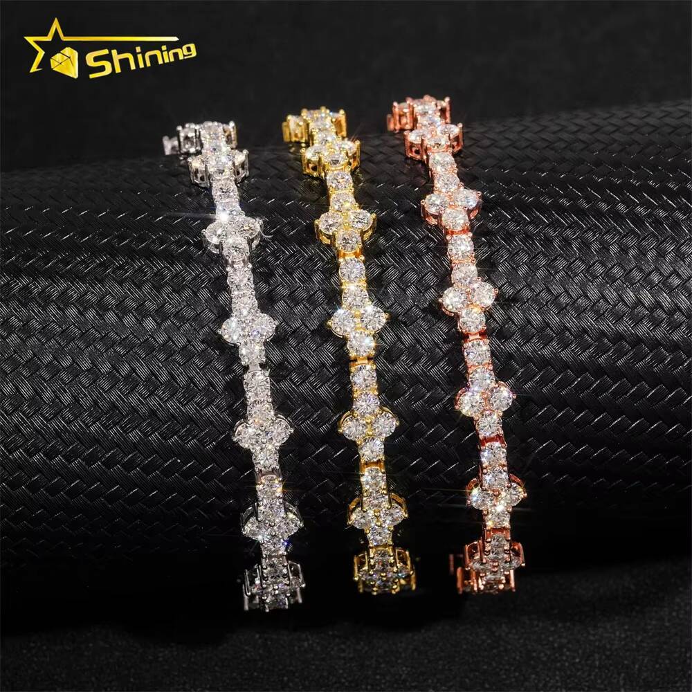 Fashion Femme Mens Hip Hop Jewelry 3mm 925 Sterling Silver VVS Moissanite Diamond Iced Out Cross Tennis Bracelet for Valentine