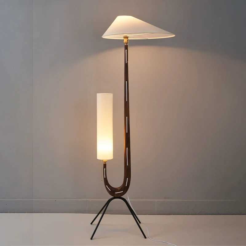 Nordic Wabi Sabi Solid Wood Fabric Led Floor Lamp Vintage Living Room Corner Sofa Standing Light Bedroom Home Decor Bedside Lamp M251119