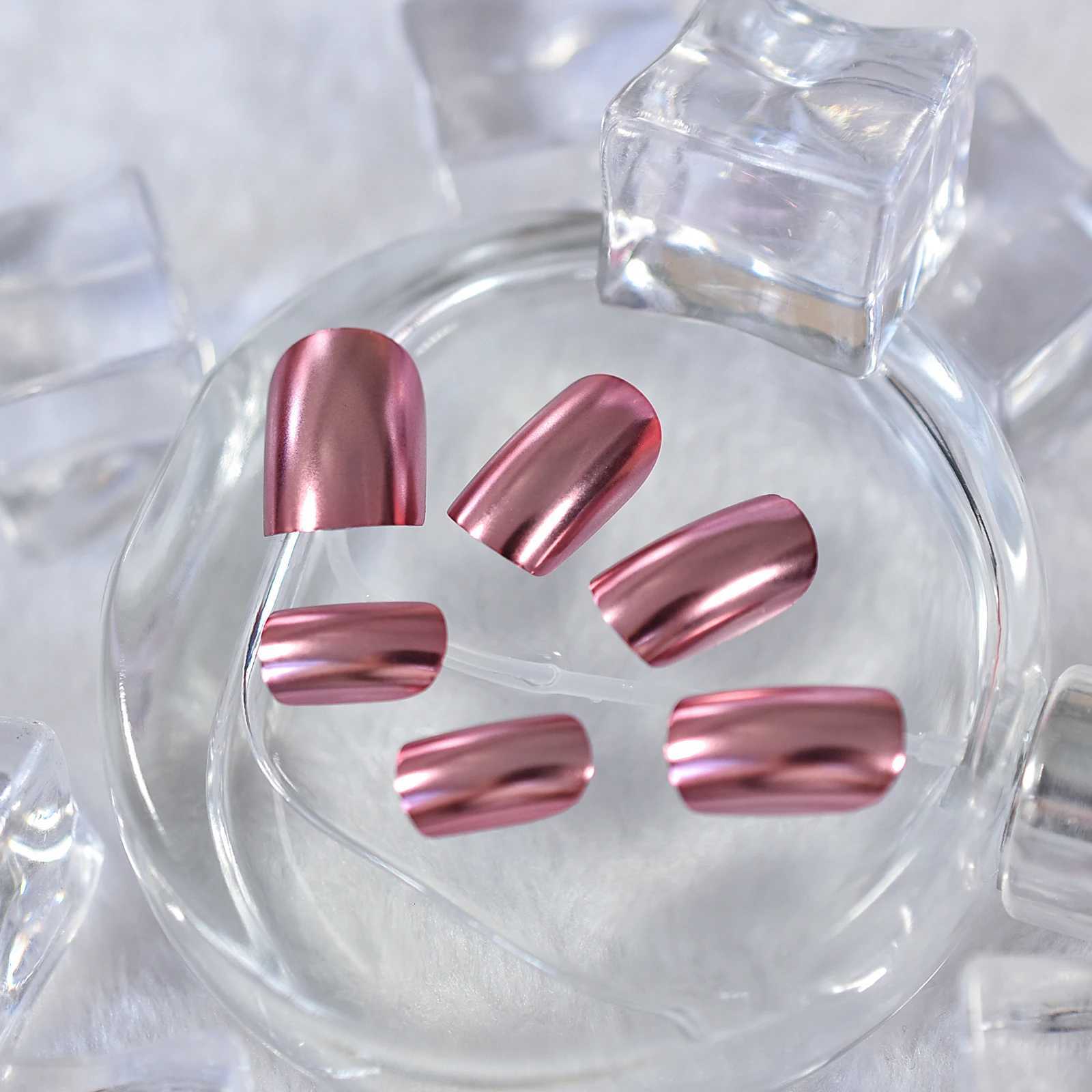 Chrome Punk Metallic PinkSquare Press On False Nails Medium Short Length Fingernails Bright Acrylic Manicure Art Tips 24pcs/SetT251118T251119