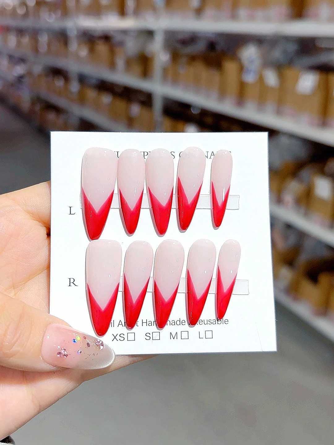 Red V French Mid-Length Pointed Fashion Nail Art A035T251118T251119