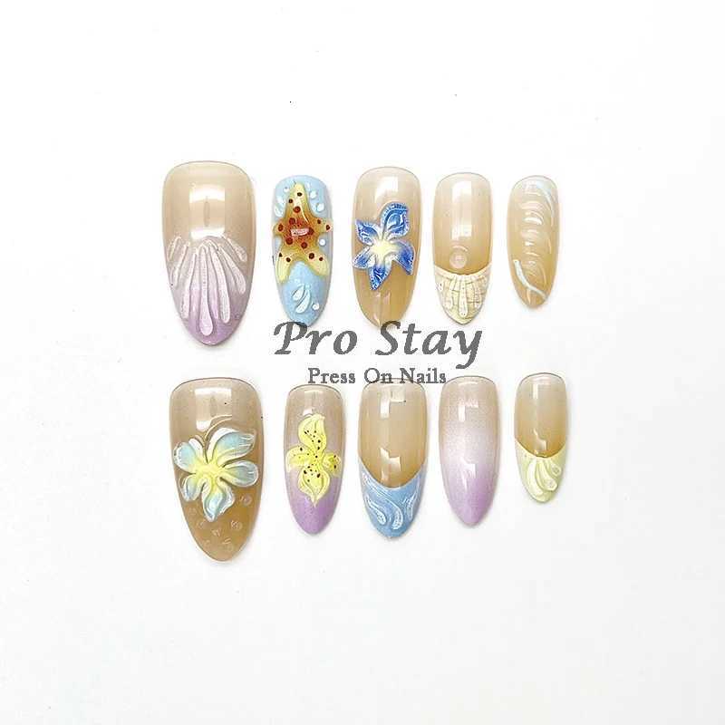 10pcs Pink Almond French Handmade Press on Nail with Silver 3D Pearl Bow Flower Pattern Reusable Full Cover Tips for WomenT251118T251119