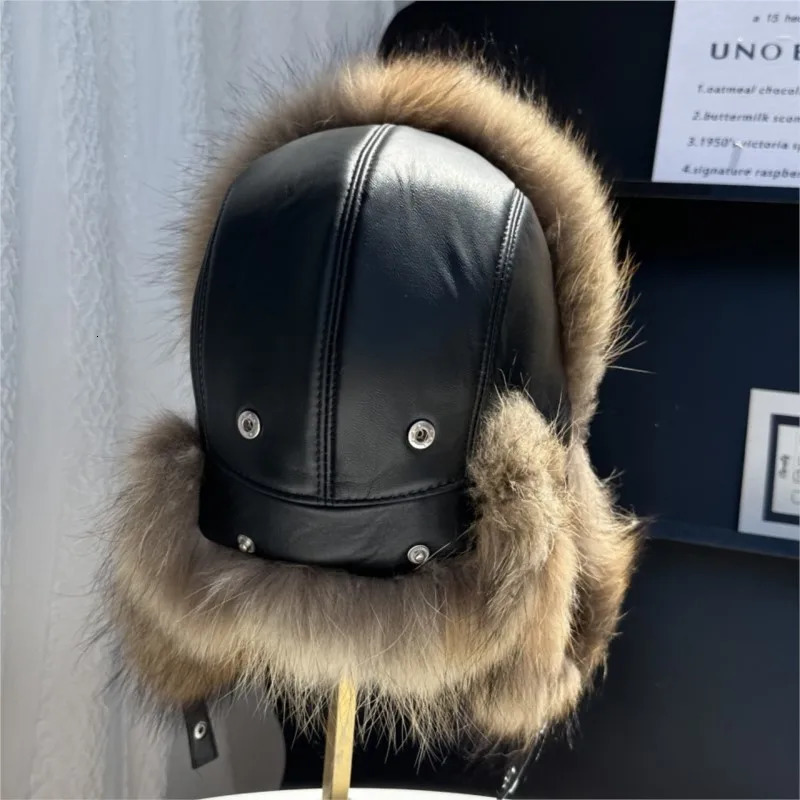100 genuine fox fur ear-protecting hat Men real raccoon fur bomber hat Women winter warm fur real sheep leather snow hat251118