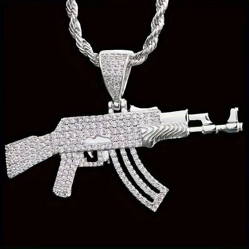 Personalized AK47 Gold-Plated Rifle Charm Hip-Hop Punk Jewelry Rope Chain moissanite Ice-Cold Straight Pull Gun Pendant Men's Necklace