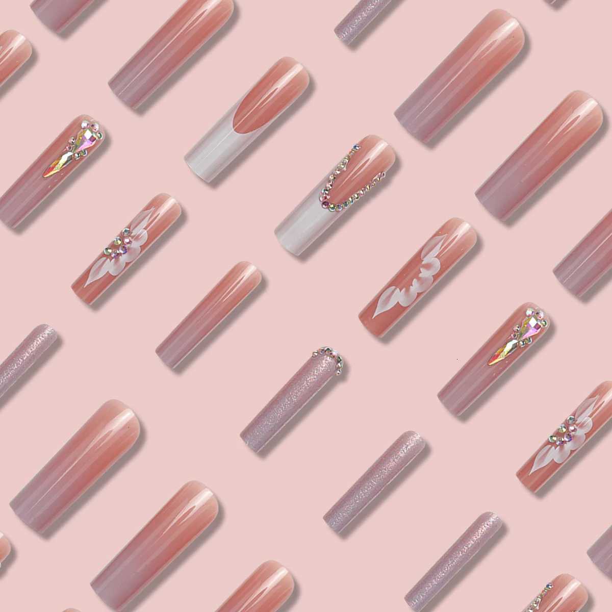 24 Piece Long Coffin Style Glossy Gradientflower Pattern 3D Rhinestone Decoration Complete Set of Abs Fake Nail SetT251118T251119