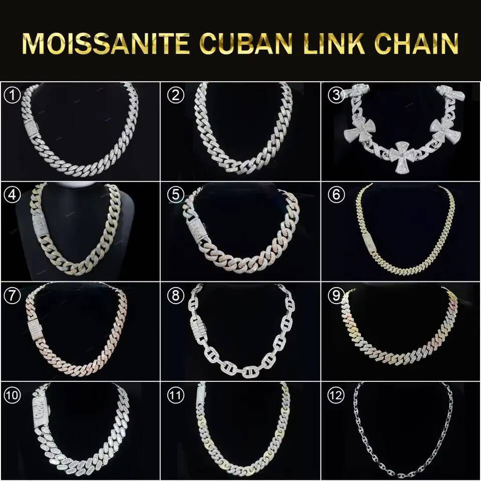Hip Hop Style Baguette Cut Vvs Moissanite Cuban Link Necklace Iced Out Rose Gold 925 Silver Cuban Bracelet Fine Men Jewelry