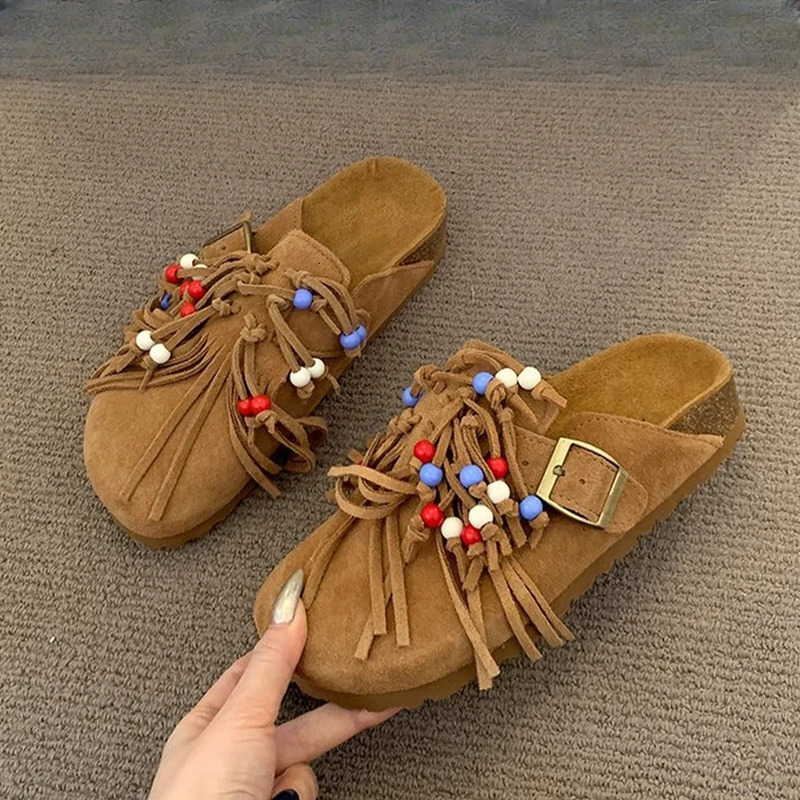 Women Mules Shoes Flats Suede Womens Sandals Fringes Summer Fashion Slippers Walking Dress Cozy Mujer Sandalias 250418