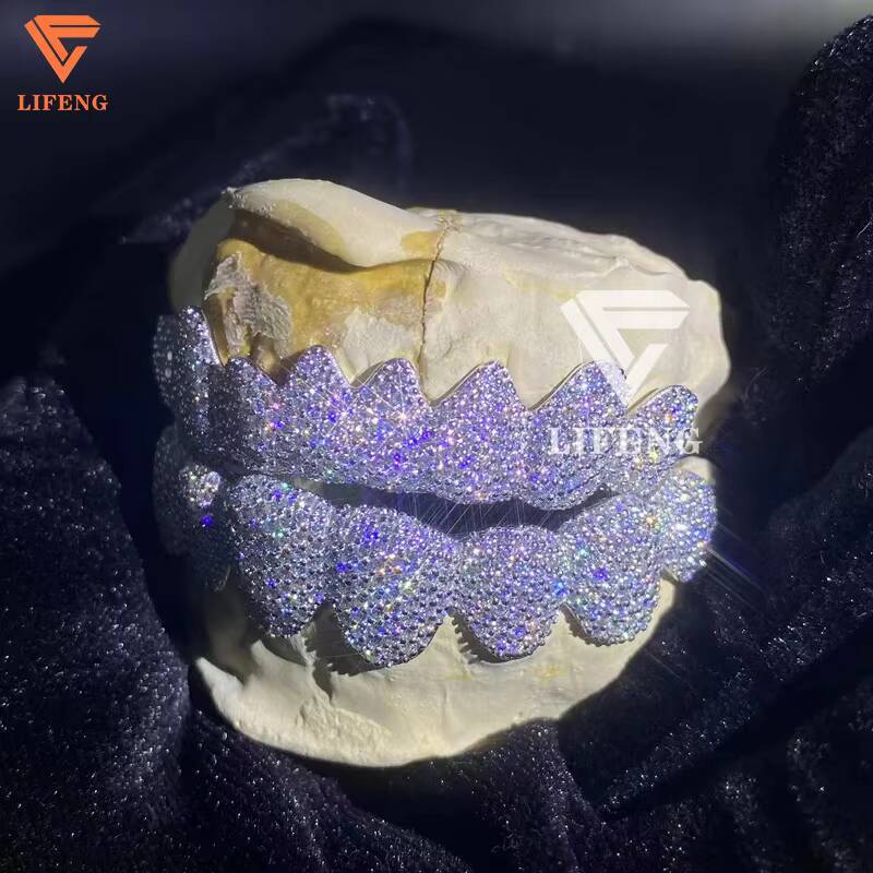 Customizable S925 Sterling Silver VVS Moissanite Teeth Grillz 8Top 8Down Hip Hop Style Iced Jewelry Moissanite Pendants Charms