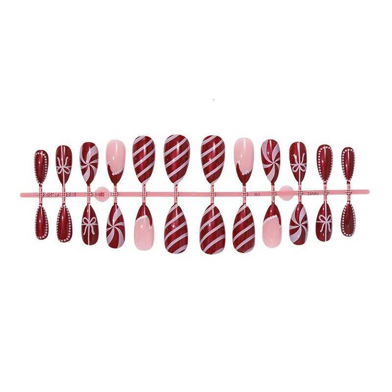 24PCS Christmas False Nails Red Stripes Bow Gift Glossy Almond Press on Nails Snowman Santa Wearable Fake Nails for Women PatchT251118T251119