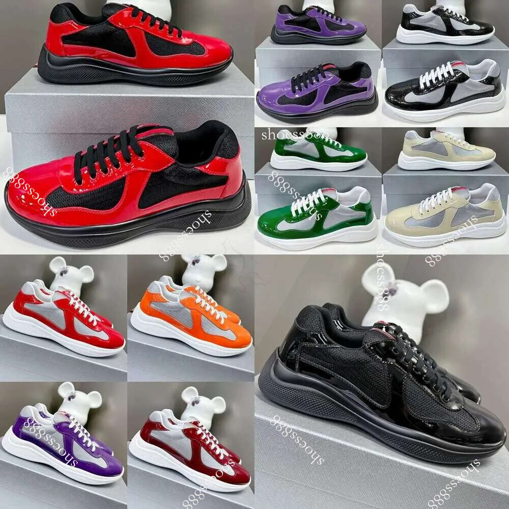 Designer Shoes Men Americas Cup Sneakers Real Leather Trainer Patent Flat Black Blue Mesh Nylon Casual Shoes With Box 53 Z250526
