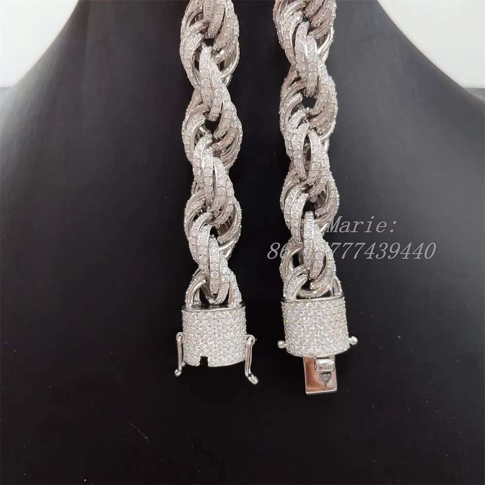 Drop Shipping White Gold 925 Sterling Silver 15mm Micro Pave Vvs Moissanite Diamond Rope Chain Necklace